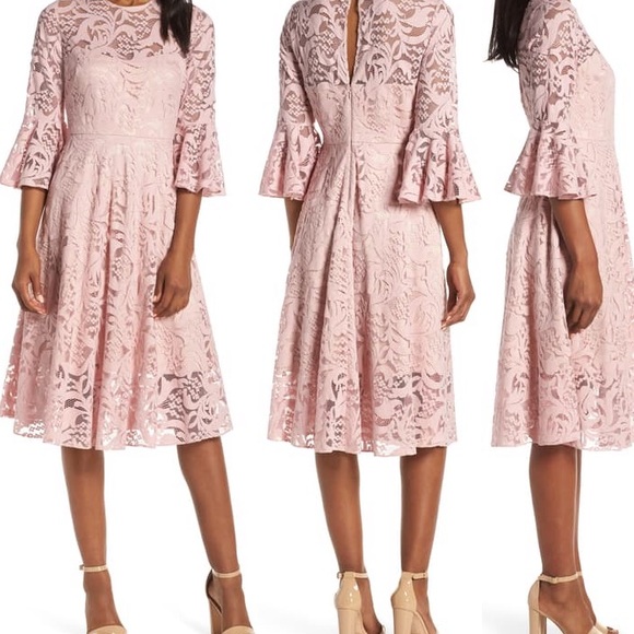 Eliza J Dresses & Skirts - ELIZA J RUFFLE SLEEVE FIT & FLARE PINK LACE DRESS